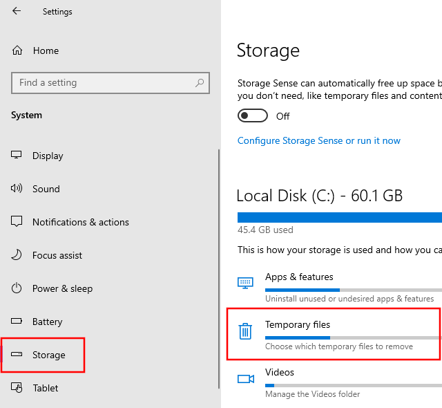 Storage settings in Windows 10