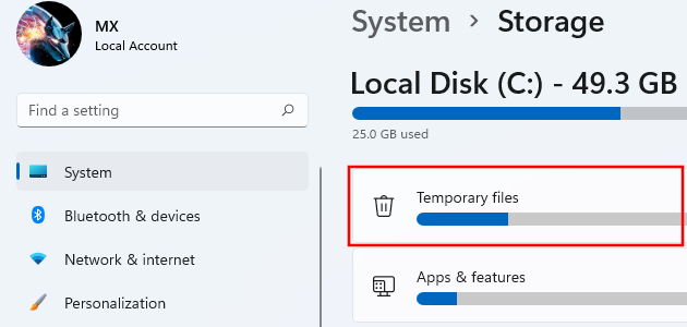 Storage settings in Windows 11