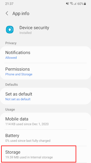 Storage settings of Device security app on a Samsung phone