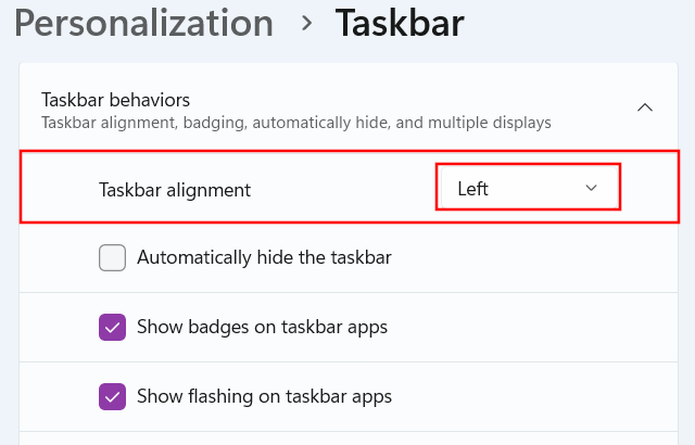 Taskbar alignment