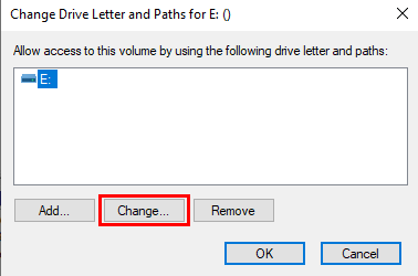 The Change button in the Change Drive Letter and Paths window