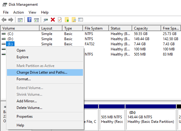 The Change Drive Letter and Paths option in Windows Disk Management