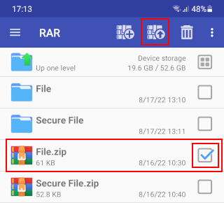 The extract files button in the RAR app