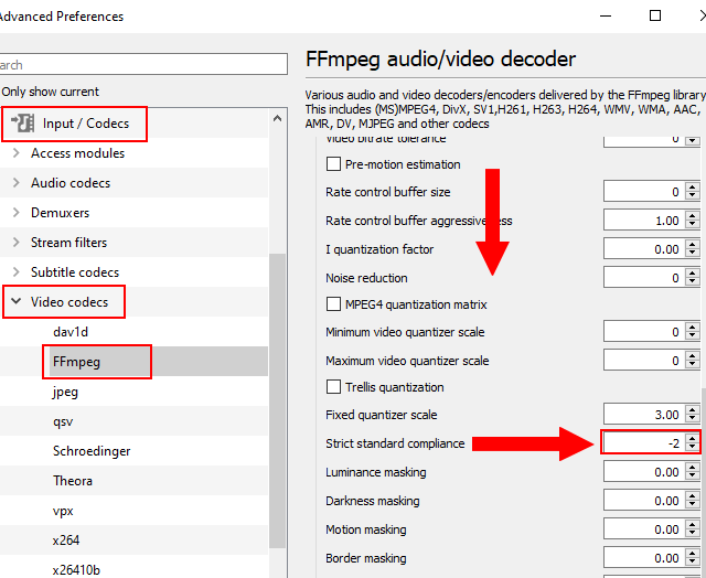The FFmpeg Strict standard compliance setting in VLC media player