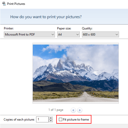 The fit picture to frame option option in Print pictures window in Windows 10