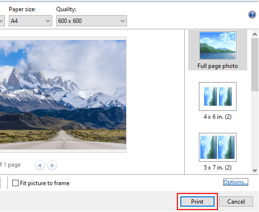 The print button in Print Pictures window in Windows 10