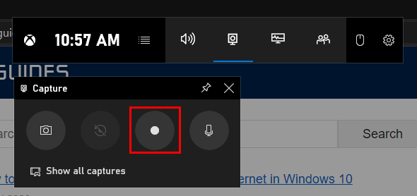 The record button in the Game bar in Windows 10