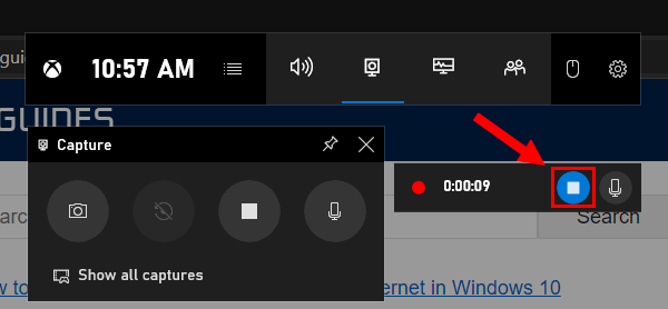 The stop button in the Game bar in Windows 10