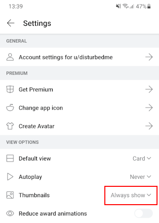 Thumbnails setting in the Reddit app on Android