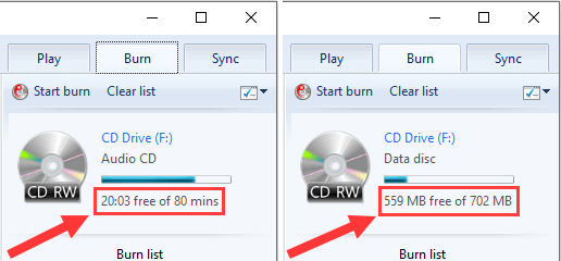Time or file size left on disc in Windows Media Player