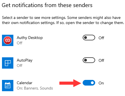 Turn off Calendar notifications in Windows 10
