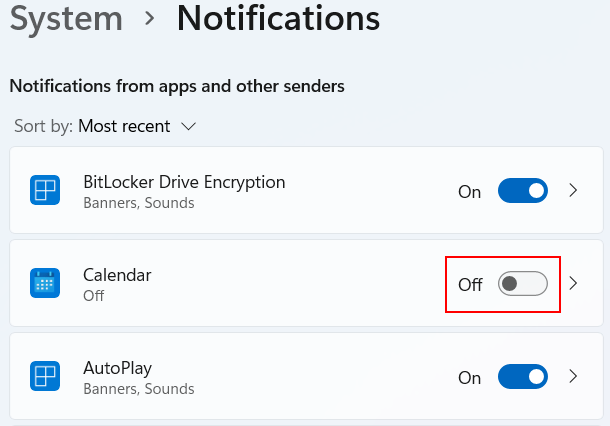 Turn off calendar notifications in Windows 11