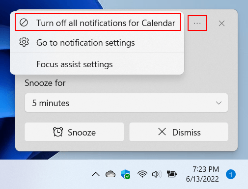 Turn off calendar notifications in Windows 11