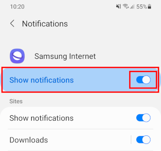turn off Samsung Internet notifications