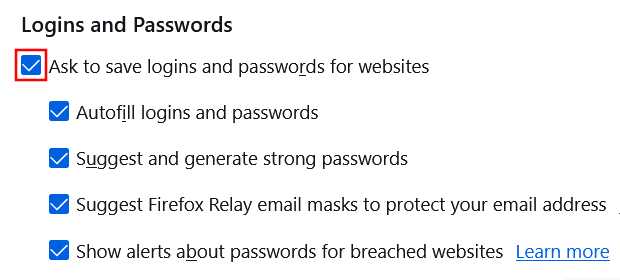 Turn off Save password pop-ups in Firefox