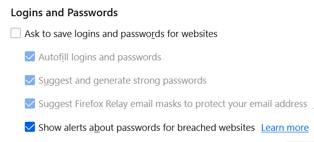 Turn off Save password pop-ups in Firefox