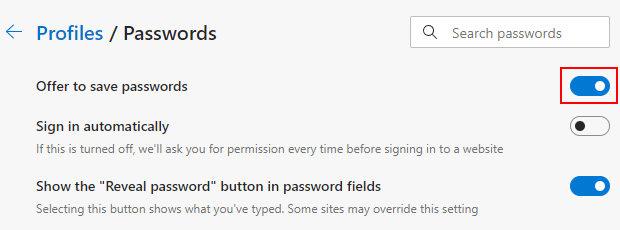 Turn off save password pop-ups in Microsoft Edge