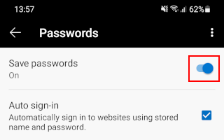 Turn off save password pop-ups in Microsoft Edge on Android