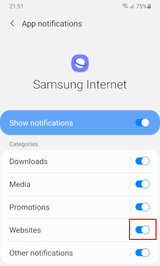 Turn off website notifications in Samsung Internet