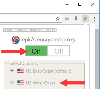 Turn on the proxy in Epic Privacy Browser and select a location