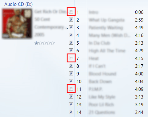 Uncheck songs in Windows Media Player