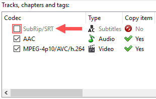 uncheck subtitles in mkvtoolnix