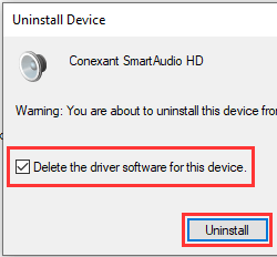 Uninstall sound device in Windows 10 Device Manager