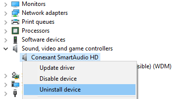 Uninstall sound device in Windows 10 Device Manager