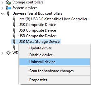 Uninstall a USB Mass Storage Device in Windows Device Manager