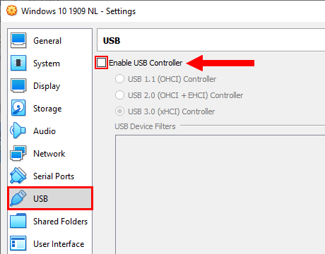 USB Controller settings in VirtualBox