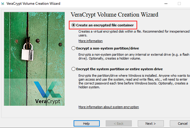 VeraCrypt Create an encrypted file container option