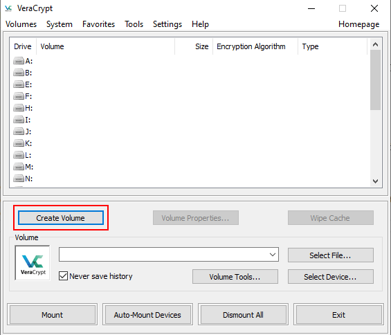 VeraCrypt Create Volume button