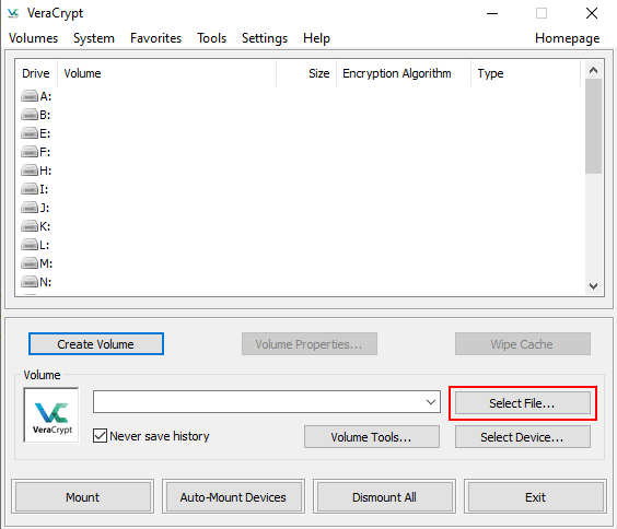 VeraCrypt select file button