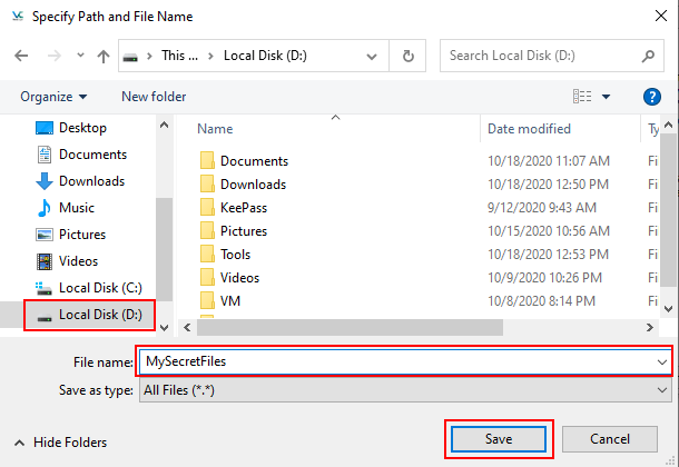 VeraCrypt Specify path and file name