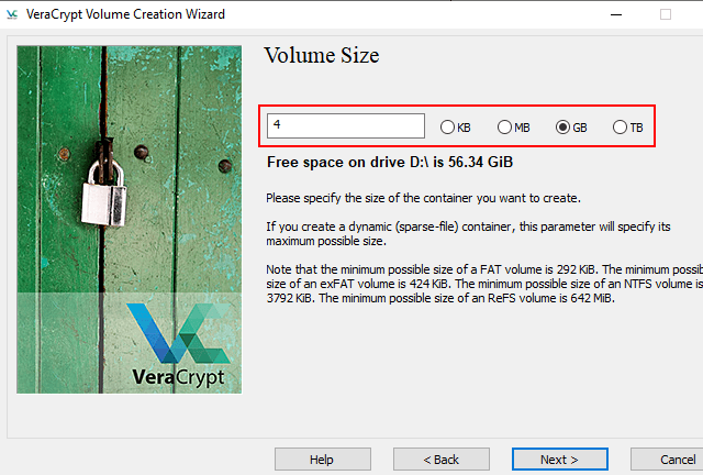 VeraCrypt volume size