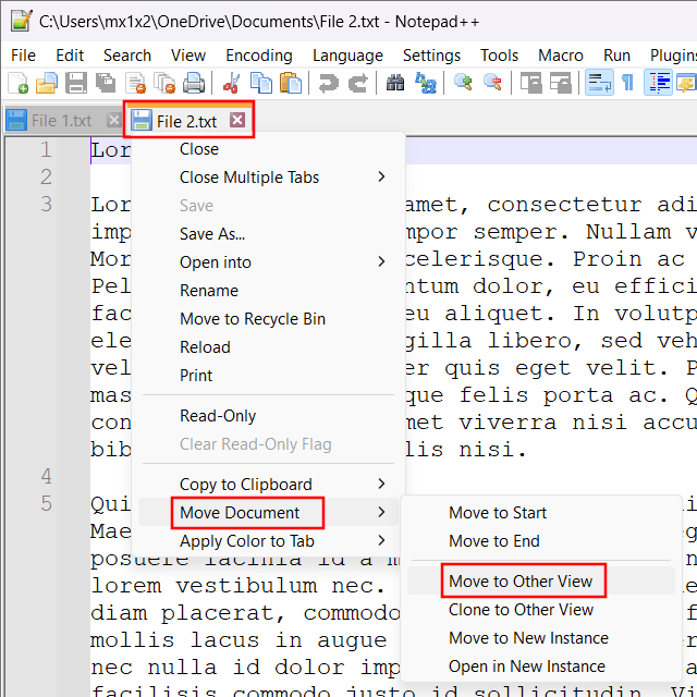 View files side by side in Notepad++