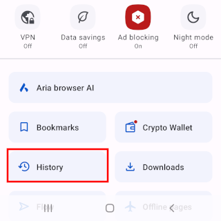 View internet history in Opera on Android