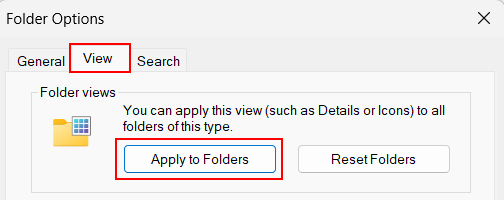 View tab and Apply to Folders button