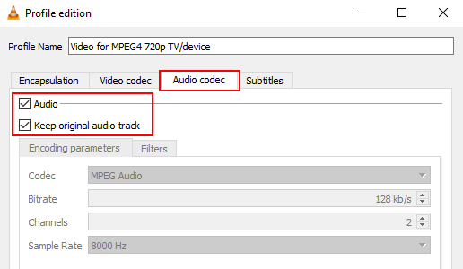 VLC audio codec settings