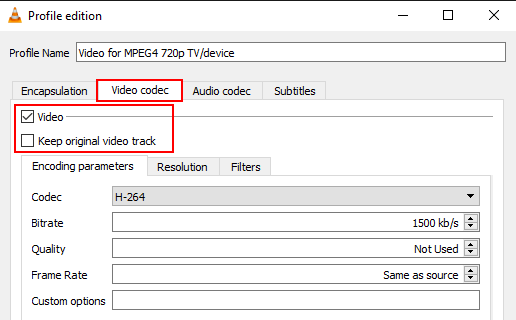 VLC video codec settings