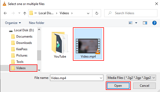 VLC video file selection window