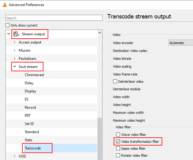 VLC Video transformation filter