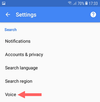 Voice settings in Google application