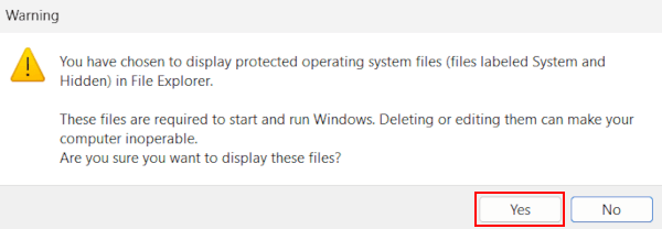 Warning about showing protected operating system files in Windows 11