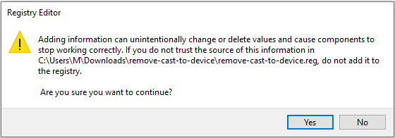 Warning message when running a REG file