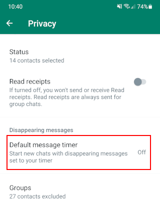 WhatsApp Disappearing messages setting