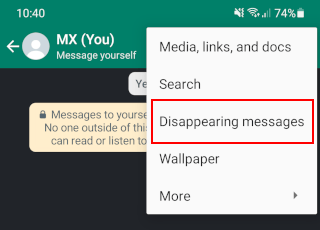 WhatsApp Disappearing messages setting for one chat