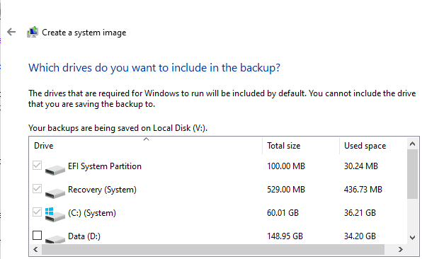 Which drives do you want to include in the backup?