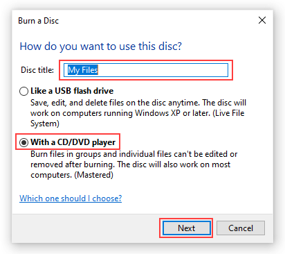 Windows 10 Burn a Disc window