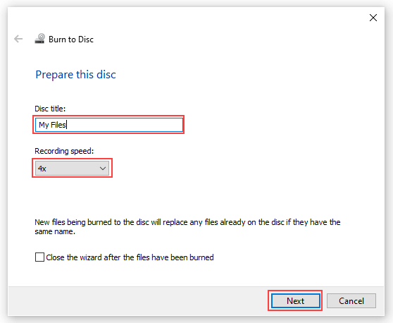 Fenêtre Graver sur disque de Windows 10